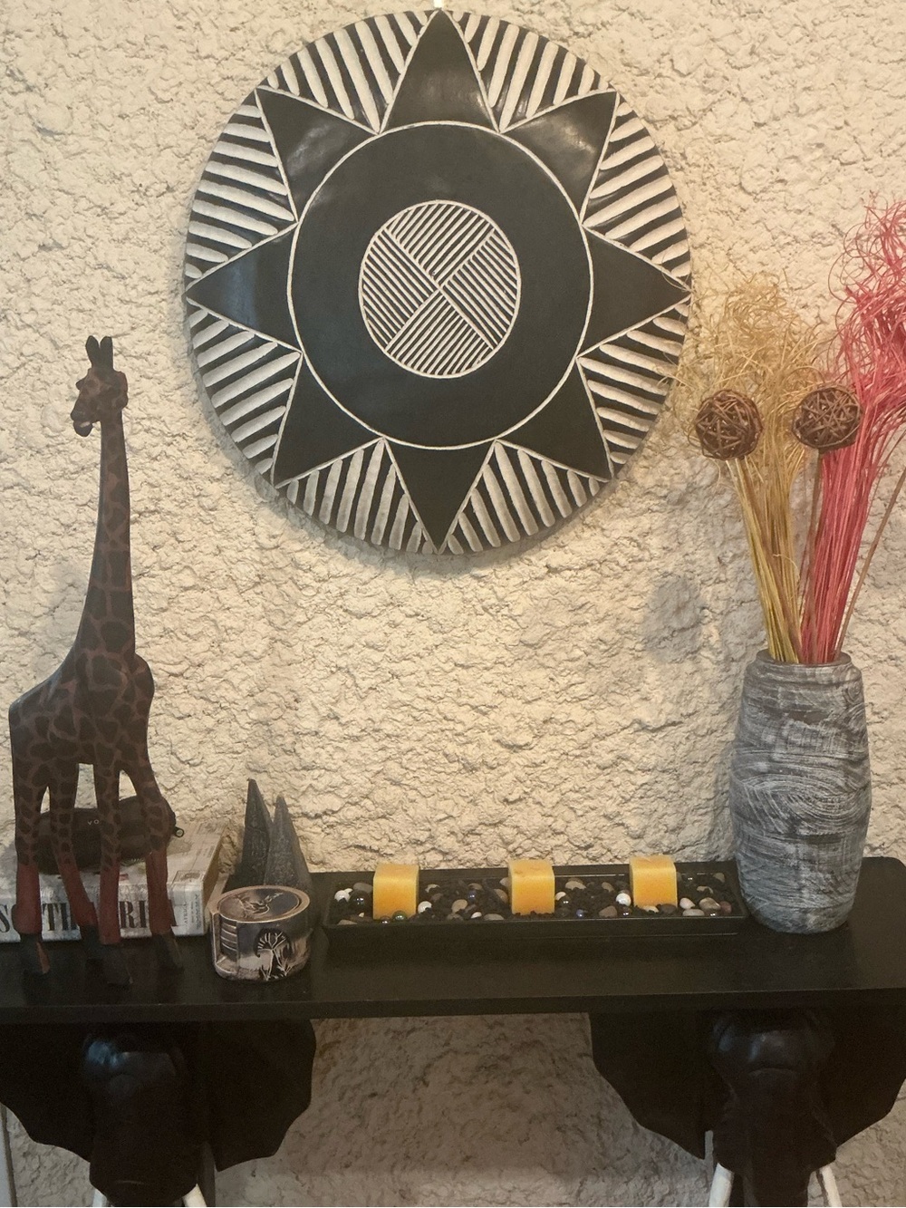 African Carved Wood Shield Black White Sunburst Wall Decor 20.5”X21”